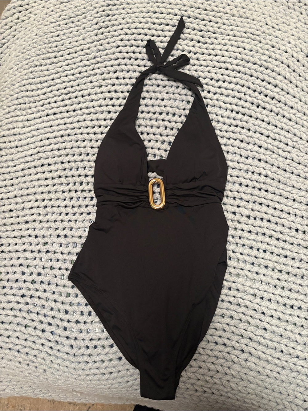 Zara Black Halter One-Piece Swimsuit with Gold Buckle NWOT